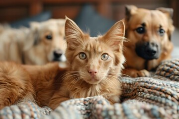 Cozy Domestic Companions Resting on Soft Blanket Indoors