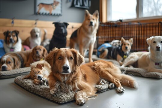 Diverse Group of Dogs in Cozy Pet Daycare Facility Enjoying Supervised Playtime and Socialization