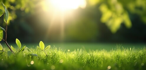 green grass and sunlight blurred background, copy space, calm relaxed nature in the morning, close focal point, bright sun beam