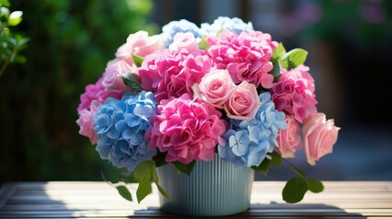 bouquet pink and blue flowers