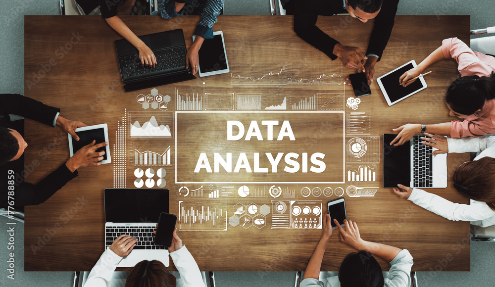 Poster data analysis for business and finance concept. interface showing future computer technology of prof