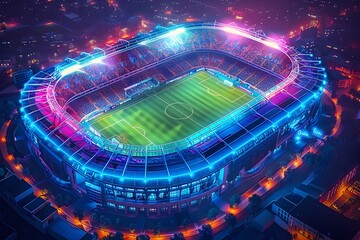 Captivating Isometric Projection of a Futuristic Soccer Stadium Illuminated by Radiant Lights and Splendid Architecture - obrazy, fototapety, plakaty