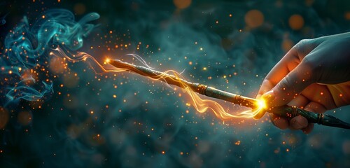 A shimmering magic wand glows with enchantment, ready to grant wishes and weave spells.  - obrazy, fototapety, plakaty