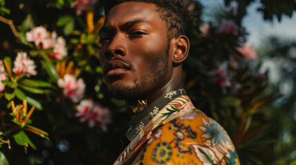A dapper black man gazes thoughtfully into the distance dressed in a mix of floral and geometric prints that reflect the harmonious blend of nature and man. .
