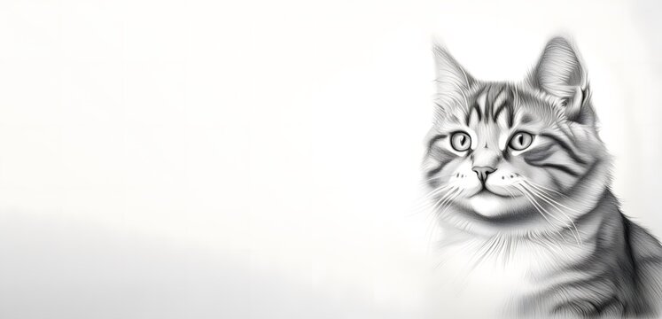 Pencil draw of a head of a cat, high detailed, with white background with a space to add your text