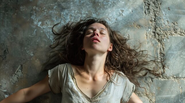 A young woman lies back with eyes closed, displaying a look of tranquility against a grunge, textured concrete backdrop, her hair spread out.