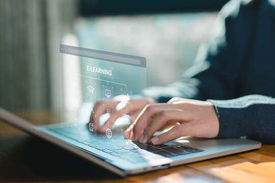 learning icon. library on the internet website, webinar technology. concept lesson learning e-book, course education, training digital online, e-learning on a laptop