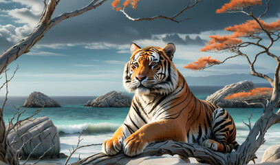 A surreal depiction of a tiger, facing away the viewer, sitting on a thin, fragile looking bare tree branch