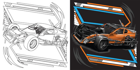 Outline and painted racing car. Isolated in black background, for t-shirt design, print and for business purposes.