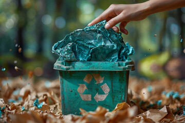 woman hand putting waste paper into a trash bin with recycling icon,generative ai