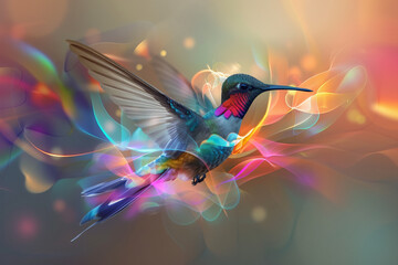 Imagine an abstract cartoon depiction of a hummingbird, with its delicate wings transformed into dynamic abstract forms that shimmer with iridescence - obrazy, fototapety, plakaty
