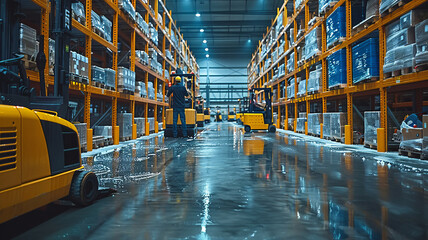 warehouse workers mopping and cleaning a warehouse,generative ai