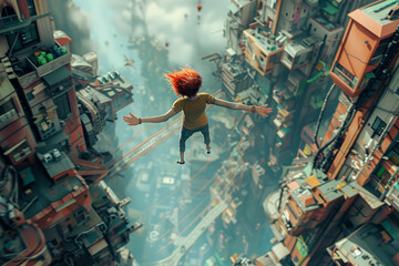 Imagine an abstract cartoon world where gravity works differently. Show characters interacting in this gravity-defying environment - obrazy, fototapety, plakaty
