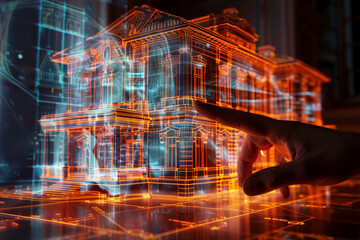 Imagine an abstract representation of a grand house construction project unfolding within a virtual reality simulation, where architects manipulate digital elements with gestures and commands to bring - obrazy, fototapety, plakaty