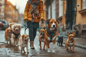 A Dog Walker Guiding a Pack of Playful Pups on a Leisurely Urban Stroll Promoting Exercise and Socialization - obrazy, fototapety, plakaty