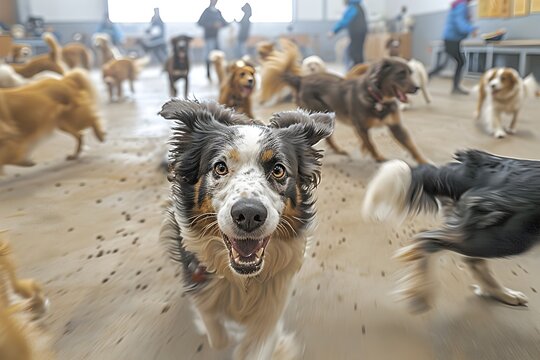 Vibrant Scenes of Energetic Canines Frolicking at a Welcoming Pet Daycare Facility