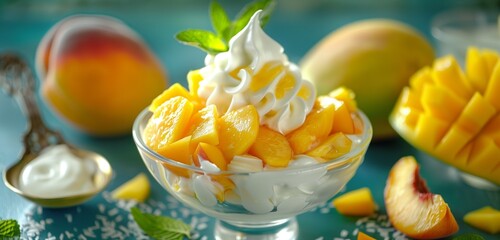Ripe peach and mango chunks gracefully dive into a pool of silky milk, forming delicate swirls.  - obrazy, fototapety, plakaty