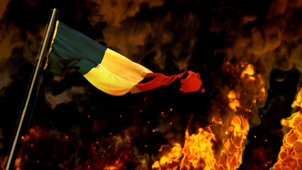 flag of France on burning fire bg - hard times concept - abstract 3D illustration