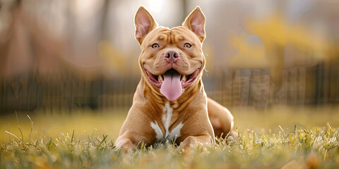 brown American Bully dog with its tongue out, generative AI