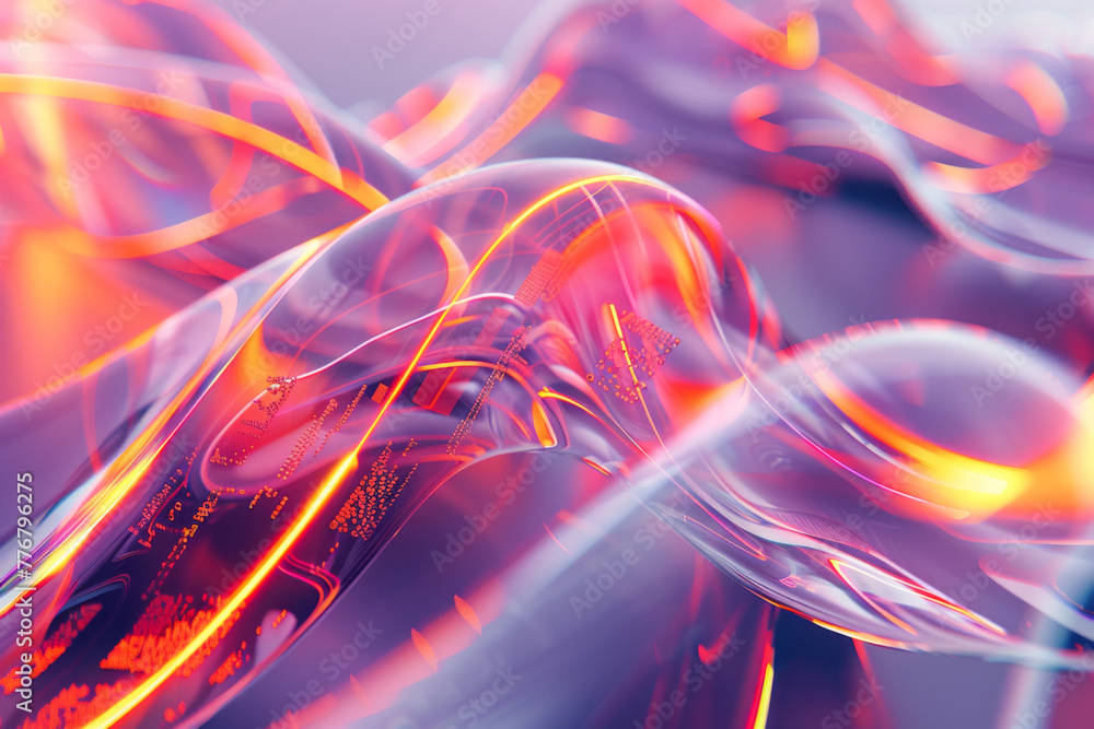 Poster 3d render of abstract futuristic background with holographic foil and transparent ribbon in dynamic 