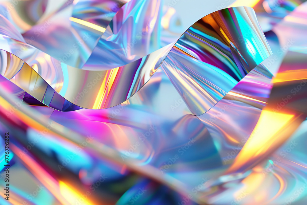 Poster 3d render of abstract futuristic background with holographic foil and transparent ribbon in dynamic 