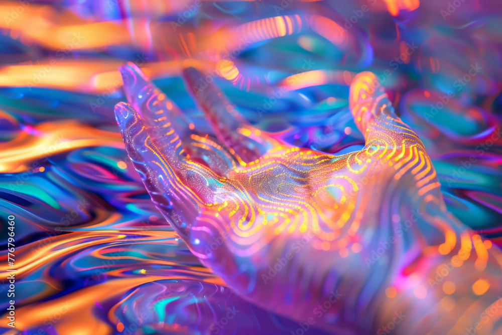 Poster 3d render of abstract futuristic background with holographic foil and transparent ribbon in dynamic 