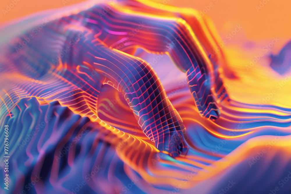 Poster 3d render of abstract futuristic background with holographic foil and transparent ribbon in dynamic 