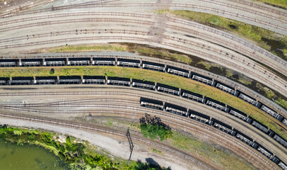 Aerial view of train tracks and trains at Ashtabula city harbor in Ohio. - obrazy, fototapety, plakaty