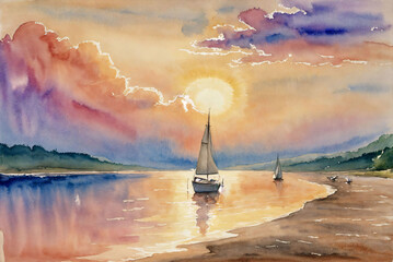 A watercolor painting of a yacht on the coast as the sunset fades away - obrazy, fototapety, plakaty