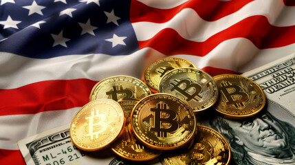 Golden Bitcoin Coins on US Dollar Bills with American Flag Backdrop. Room for Copy Text