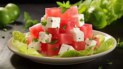 watermelon white lettuce salad - obrazy, fototapety, plakaty