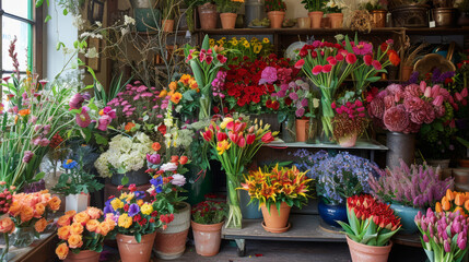 Fototapeta na wymiar A cozy, rustic flower shop featuring a diverse assortment of potted blooms on wooden shelves