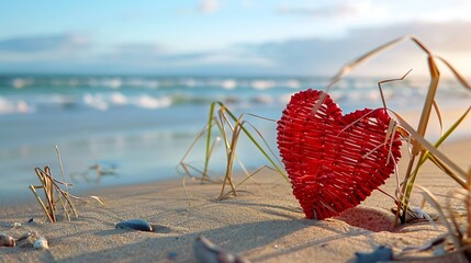 A red wicker heart is located on a sandy beach