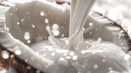 Close-up of milk being poured into a cracked coconut, creating a splash, with droplets in the air, giving a fresh feel.