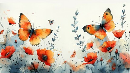Obraz na płótnie Canvas watercolor corner accents of small pastel and muted pastel floral and follaige and delicate butterflies on isolated white background