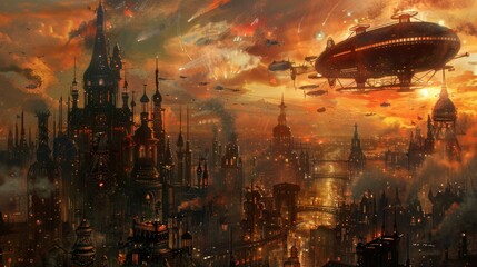 Fototapeta premium Steampunk Victorian city airships