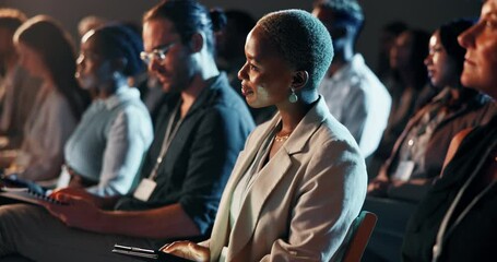 Corporate, conference and black woman with tablet for workshop, industry training and presentation. Business people, meeting and audience at seminar for team building, learning and career convention
