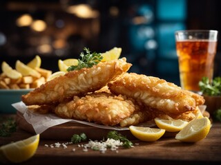 Famous British fish and chips, cinematic food photography 