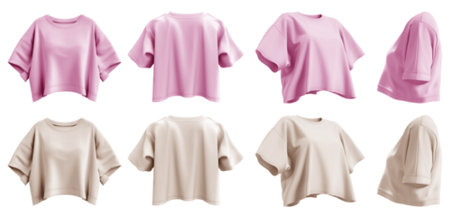 2 Set of pastel light pink beige woman loose cropped midriff tee t shirt round neck front, back and side view on transparent background cutout, PNG file. Mockup template for artwork graphic design