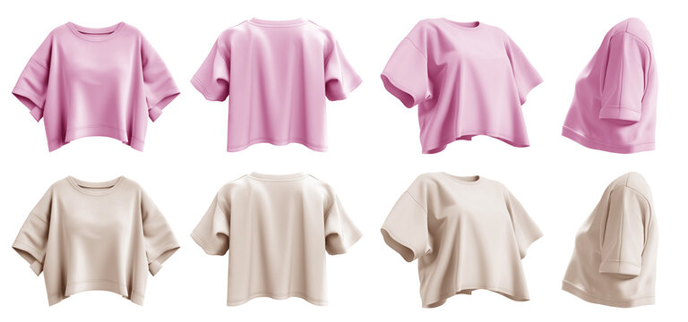 2 Set of pastel light pink beige woman loose cropped midriff tee t shirt round neck front, back and side view on transparent background cutout, PNG file. Mockup template for artwork graphic design