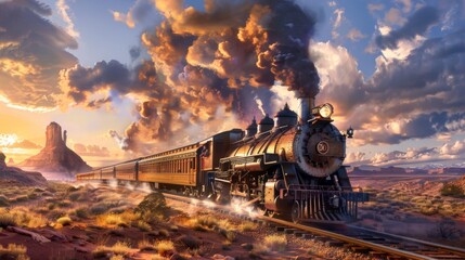 Train chugging through the Wild West smoke trailing against the vast - obrazy, fototapety, plakaty