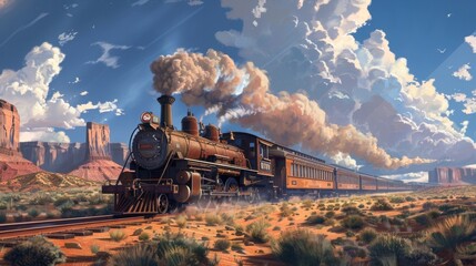 Naklejka premium Train chugging through the Wild West smoke trailing against the vast