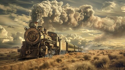 Obraz premium Train chugging through the Wild West smoke trailing against the vast