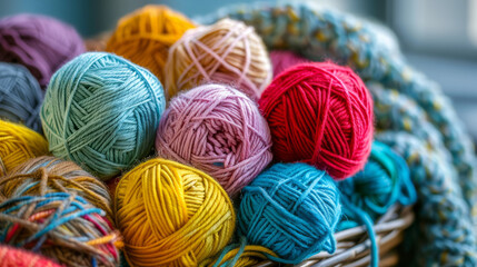 A closeup of a basket brimming with yarn balls of different shades, perfect for needlework - obrazy, fototapety, plakaty