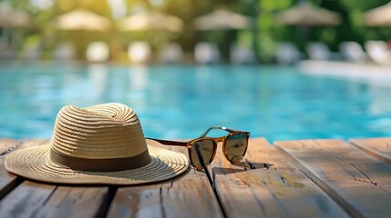 Sunglasses and straw hat on the wooden floor at the pool
