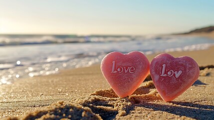 Two pink candy hearts, one with the word love on it sitting in the golden sand of a sunny beach with ocean blurred in the distance