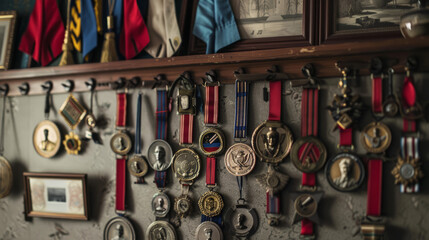 An impressive wall display features a collection of military medals and nostalgic memorabilia