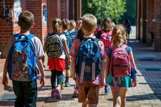 Back to School: A Line of Young Students on a Sunny Campus Walkway
