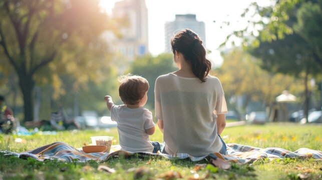 A mother and child sit on a picnic blanket backs turned to the camera as they enjoy a simple yet joyful lunch in the midst of . .