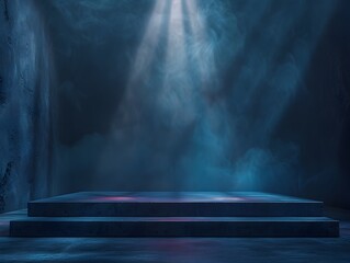 Dramatic Illuminated Stage with Floating Platform in Dark Mysterious Environment